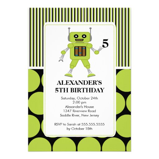 Robot Birthday Party Invitation Lime / Black
