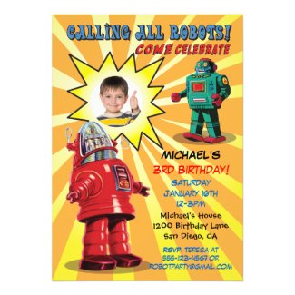 Robot Birthday Party Photo Insert Invitation