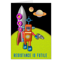 Robot Holding Ray Gun with Roket Ship and Planets cards by Steve_Martin Robot Holding Ray Gun with Roket Ship and Planets cards