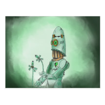 Robot picking flowers postcard from the cyperverse