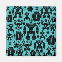 Robots Rule Fun Robot Silhouettes Pattern Blue Refrigerator Magnet