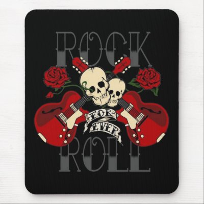 Rock n Roll Forever black tattoo inspired mousepad featuring skulls, 