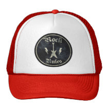 rock and roll, rock, rules, music, rock rules, cool, funny, metallic, vintage, trucker hat, retro, 90&#39;s, band, guitar, bands, old, school, musician, artist, audio, fun, cap, Trucker Hat with custom graphic design