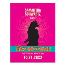 Rock Star Bat Mitzvah Save the Date in Hot Pink Post Card