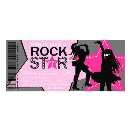 Rock Star Girl Band Birthday Pink Gray Personalized Invites