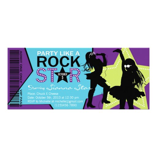 Rock Star Girl Band Birthday Purple Lime Custom Invitations