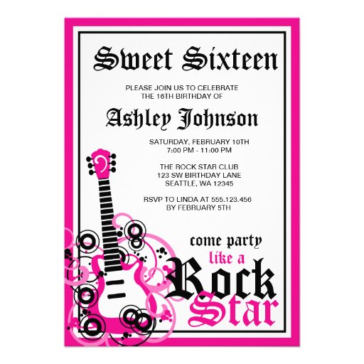 Rock Star Guitar Sweet 16 Birthday Party Pink Custom Announcement