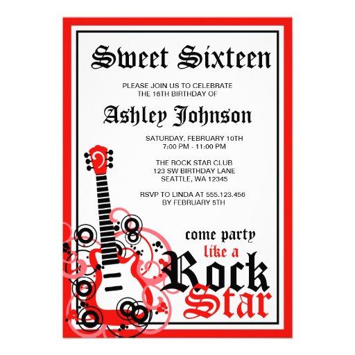 Rock Star Guitar Sweet 16 Birthday Party Red Invites
