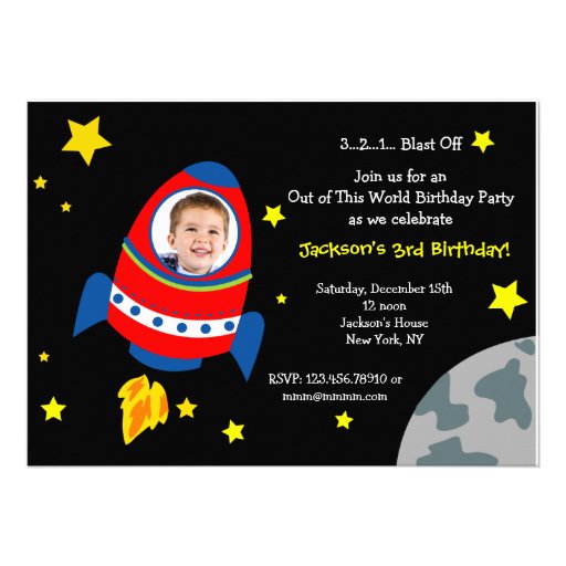 Rocket Space Ship Photo Birthday Party Invitations