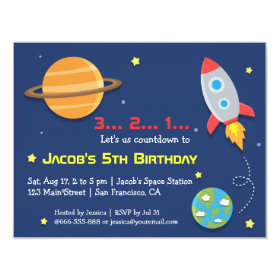 Rocket To Outer Space Party, Kids Birthday 4.25x5.5 Paper Invitation Card