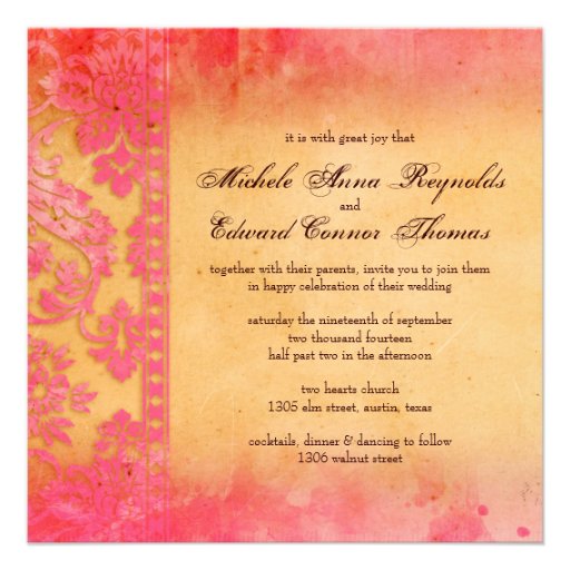 Rockin Pink Grunge Damask Lace Wedding Personalized Invitation