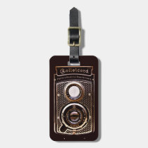 camera, rolleicord, art deco, vintage, photography, antique, funny, retro, classy, luggage tag, vintage camera, photographer, classic, art, deco, leather strap, [[missing key: type_aif_luggageta]] with custom graphic design