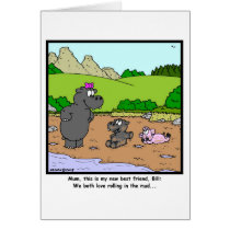 Rolling in the mud: Hippopotamus and Pig Cartoon Card