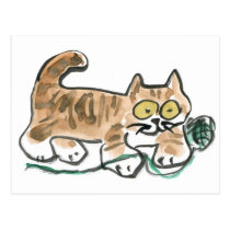 Rolling the Green Yarn Ball by Tiger Kitty Postcard