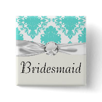romantic aqua blue white damask design pinback button
