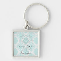 romantic aqua blue white damask design keychain
