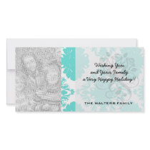 romantic aqua blue white damask design photo card template