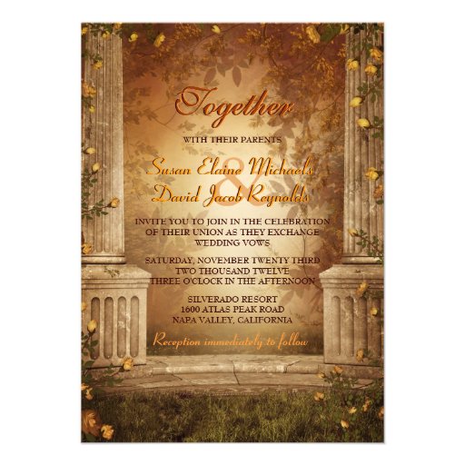 Romantic Autumn Leaves and Columns Wedding Invite