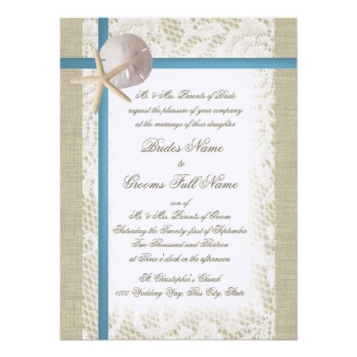 Romantic Beach and Lace Blue Wedding Personalized Invites
