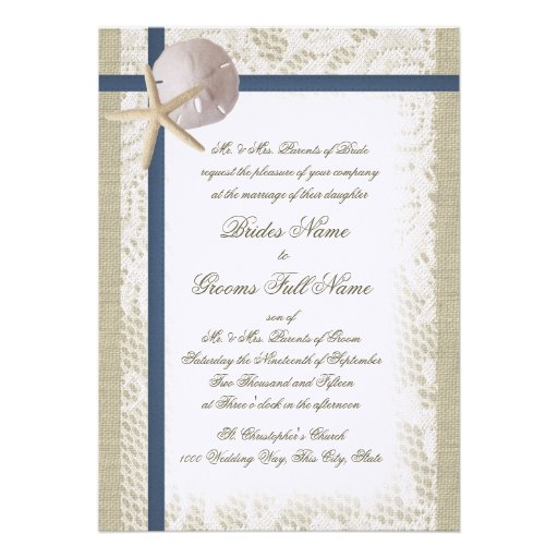 Romantic Beach Burlap and Lace Navy Blue Personalized Invite