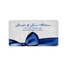 Romantic Blue Bow and Silver Gray Damask Wedding Address Label