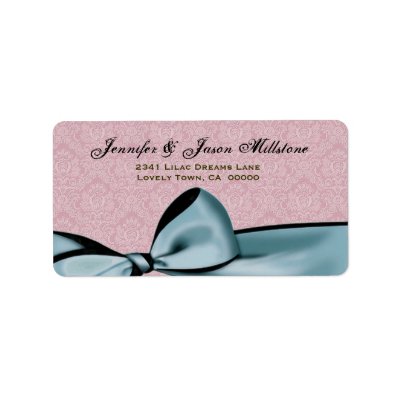Romantic Blue Bow & Pink Damask Wedding Label