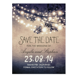 romantic blue night lights rustic save the date postcard
