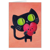 Romantic Cat hugging Red Cute Heart cards