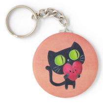 Romantic Cat hugging Red Cute Heart Keychain