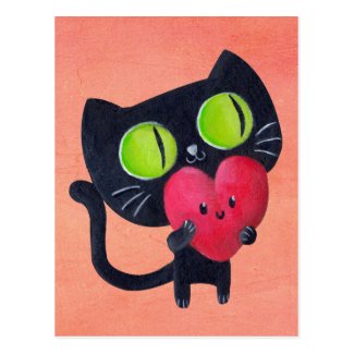 Romantic Cat hugging Red Cute Heart Post Card