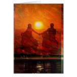 Romantic Couple ride into the sunset on horseback Card