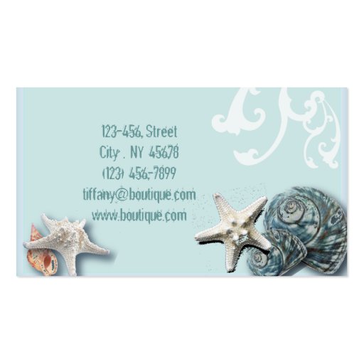 Romantic Elegant blue Seashell Beach decor Business Card Template (back side)