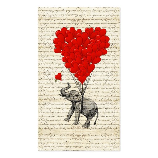 Romantic elephant & heart balloons business card template (front side)