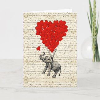 Romantic elephant & heart balloons greeting card