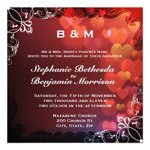 Romantic Flourish Hearts Gothic Red Invitations