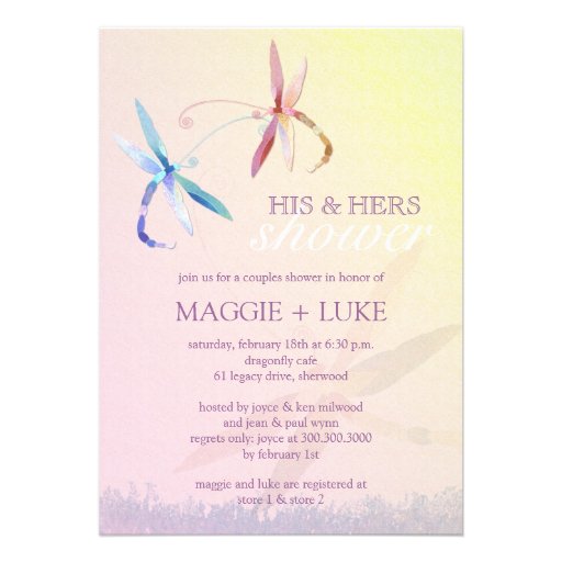 Romantic Fun Dragonfly His + Hers Couples Shower Custom Announcements ...