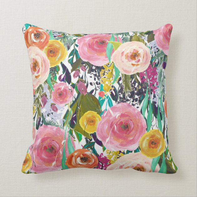 Romantic Garden Watercolor Flowers Throw Pillow