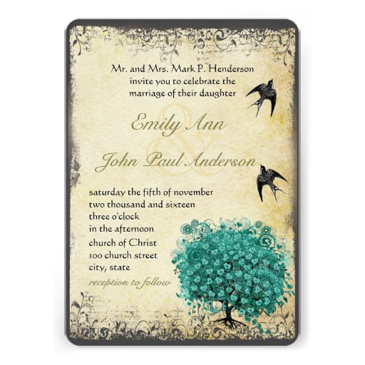 Romantic Heart Leaf Teal Tree Lovebird Wedding Card