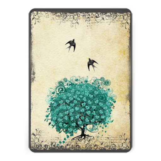 Romantic Heart Leaf Teal Tree Lovebird Wedding Card