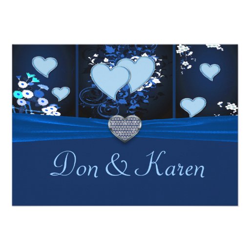 Romantic Hearts In Blue Floral Invite