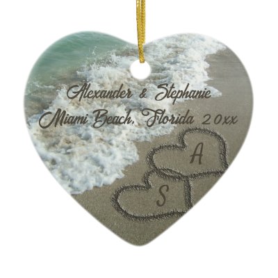 Beach Wedding or vacation Memory Christmas Holiday Ornament features blue 