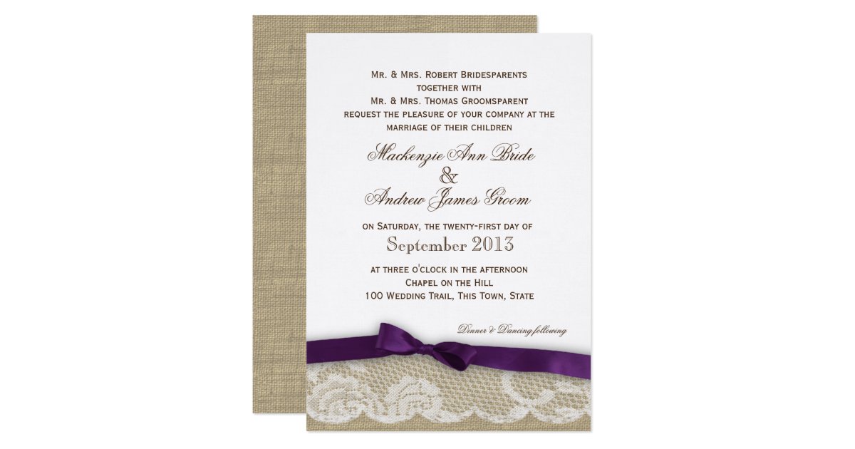 Romantic Lace and Dark Purple Bow Wedding Card Zazzle