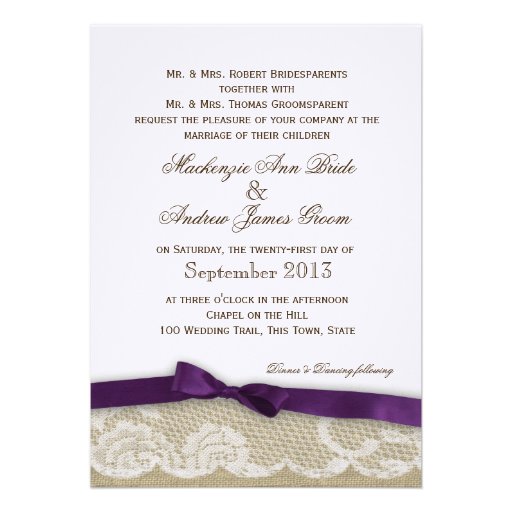 Romantic Lace and Dark Purple Bow Wedding Invitations