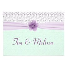 Romantic Lace & Flower, Lavender & Mint Green Personalized Invites
