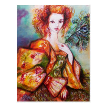 ROMANTIC LADY WITH SPARKLING PEACOCK FEATHER POSTCARD