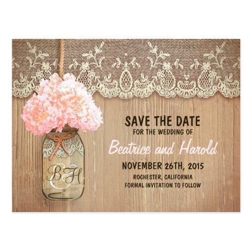 Romantic Mason Jar Pink Flowers Save The Date Postcard Zazzle