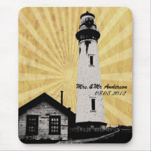 Romantic modern elegant Lighthouse beach Wedding Mousepads