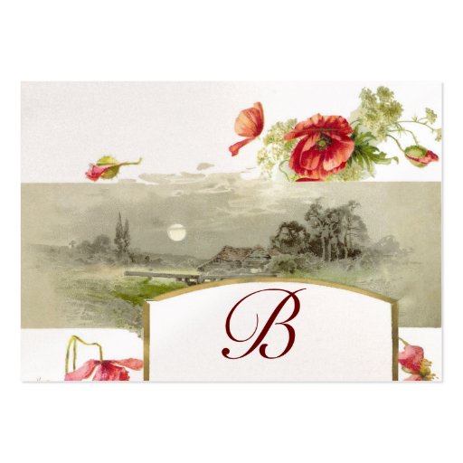 ROMANTIC MONOGRAM, POPPIES red green white pearl Business Card Templates (back side)