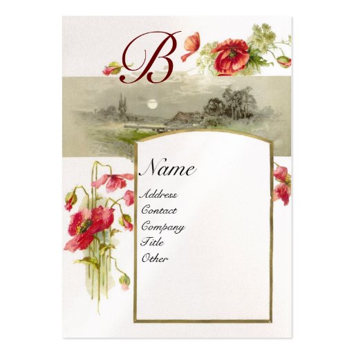 ROMANTIC MONOGRAM, POPPIES red green white pearl Business Card Templates (front side)
