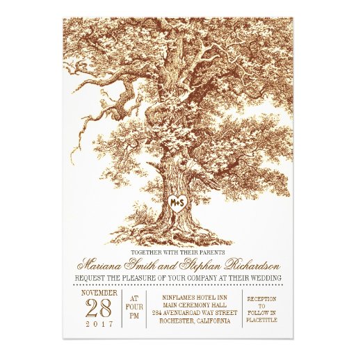 Romantic old oak tree rustic wedding invitation (front side)